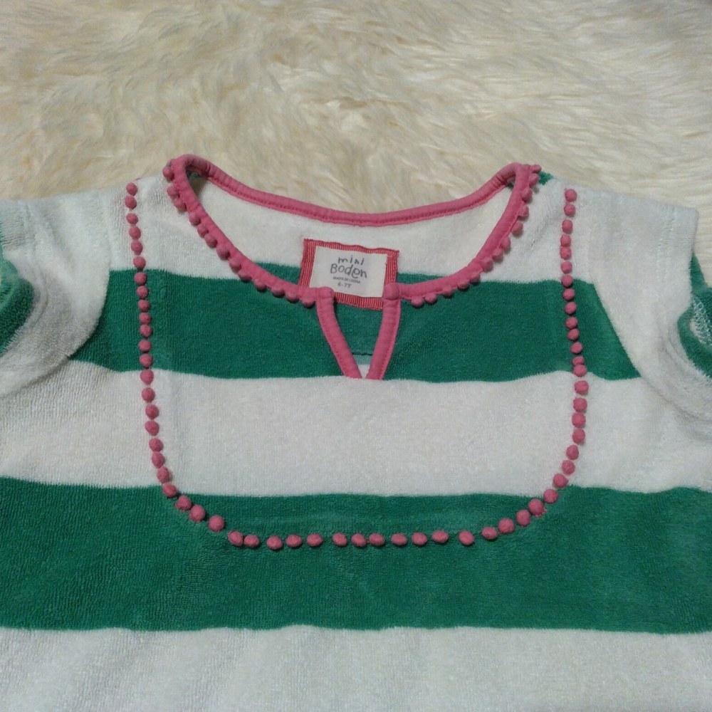 Mini Boden Green and White Striped Swim Coverup with Pink Trim - Picture 4 of 8